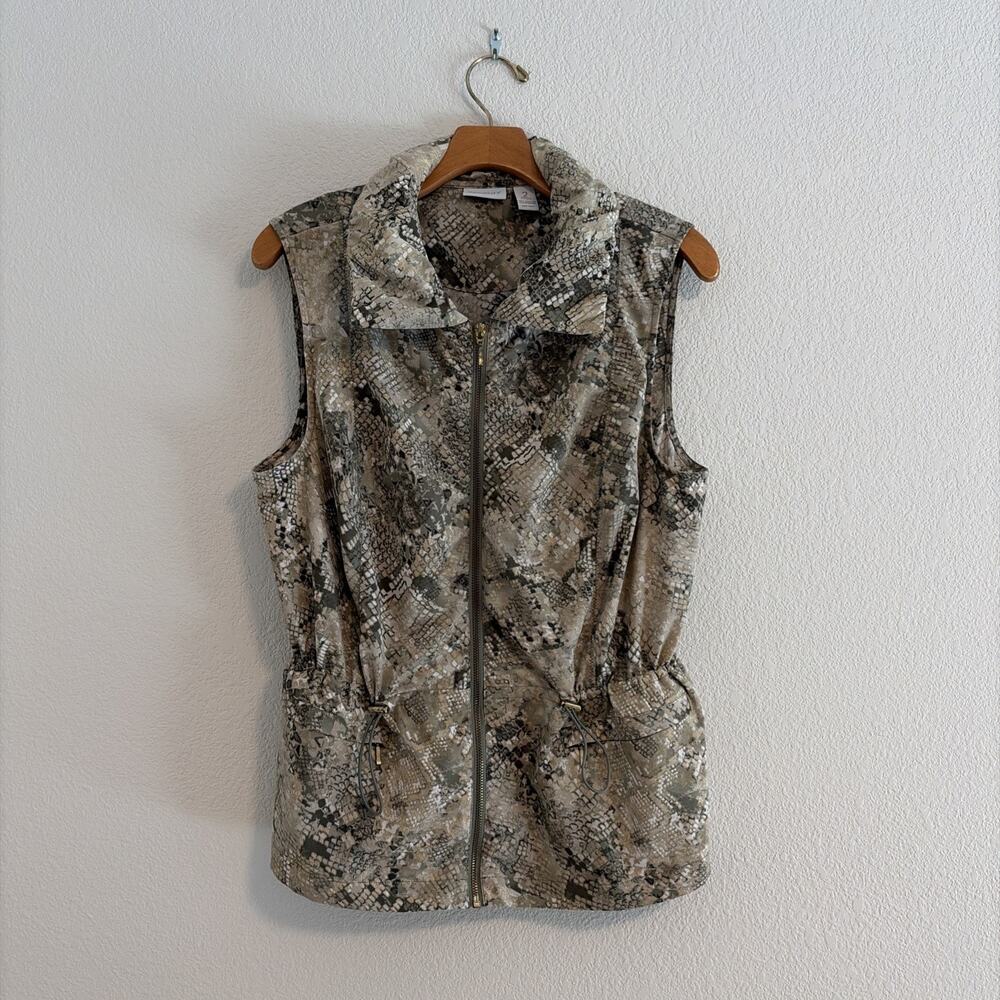 Chico's Snake Open Front Cinched Pocket Vest Zip Gold Accents Camo Green Size 2